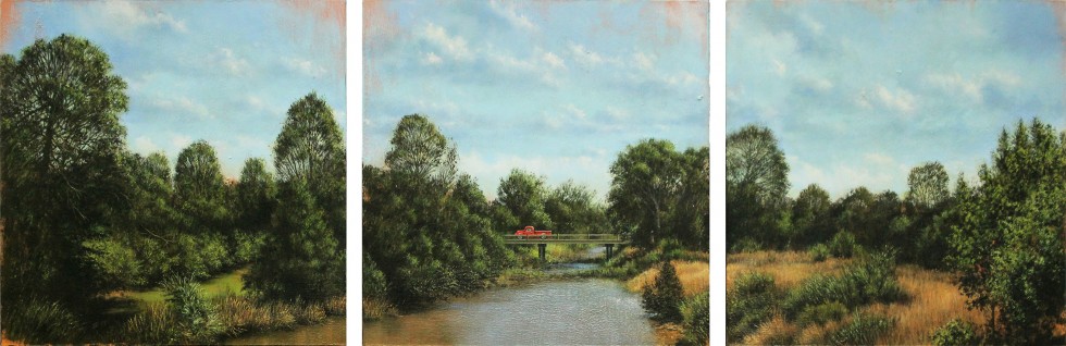The Little Red Pickup Truck - the bridge at Clunes (Triptych)