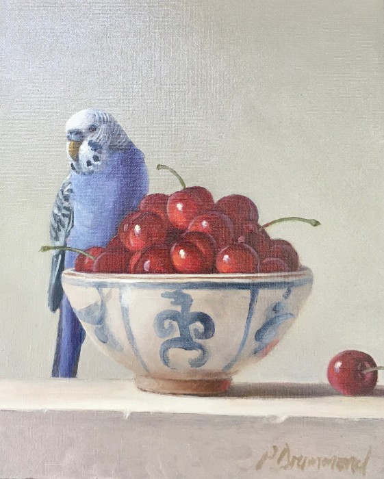 Blue Budgie with Cherries SOLD